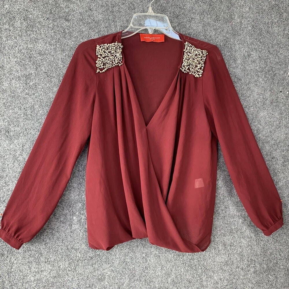 Akira Chicago Red Label Faux Wrap Blouse Women Small Metal Shoulder Detail